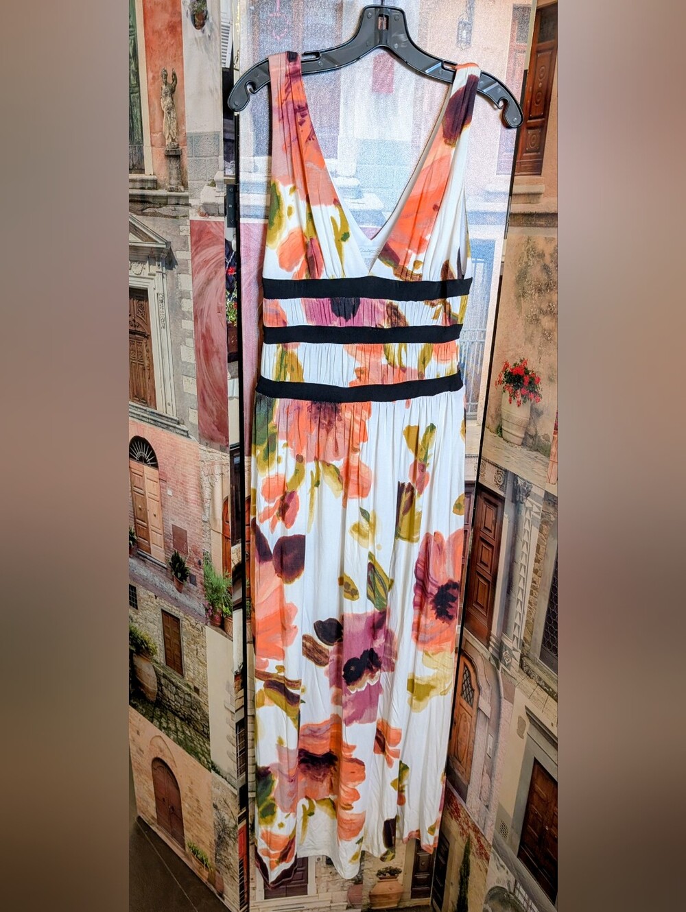 Charlotte Russe White Maxi Dress with Coral & Olive Floral Print NWOT